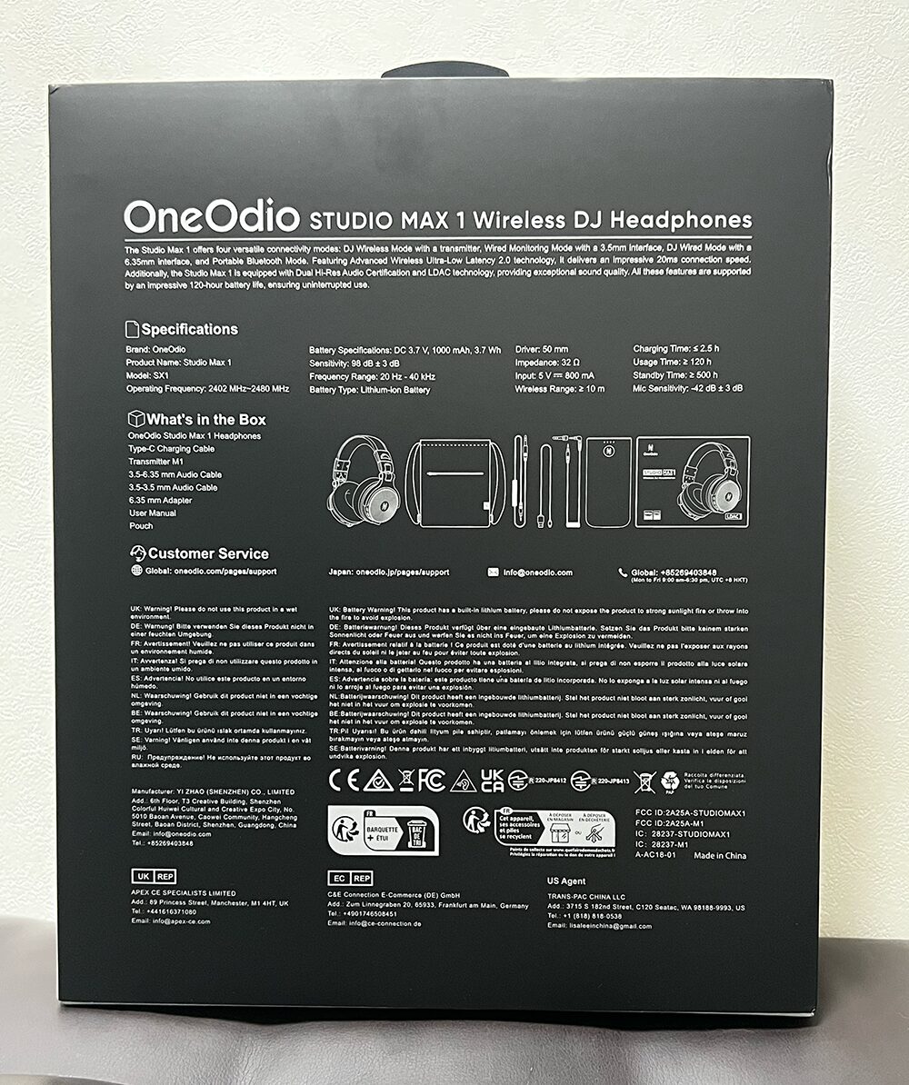 OneOdioのヘッドフォン「Studio Max 1」のパッケージ裏